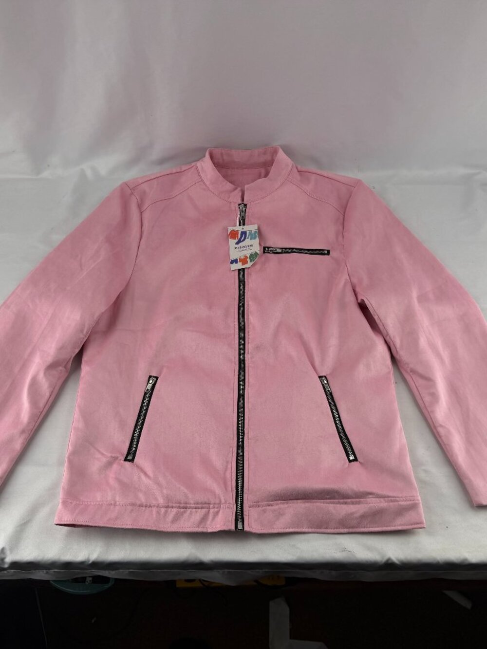 Findercube Pink Faux Suede Moto Jacket Zip Up Stand Collar Women Sz M